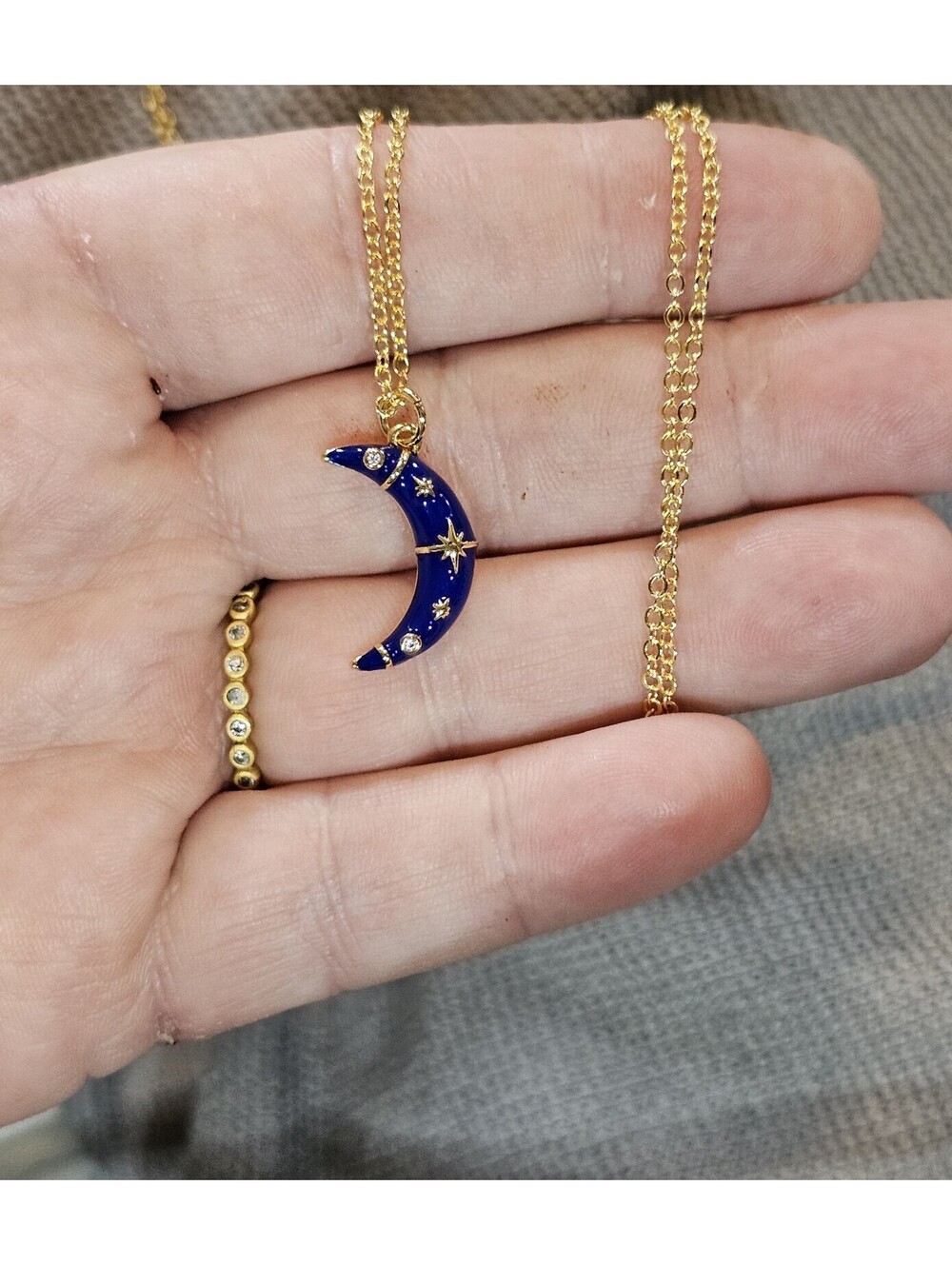 Blue Enamel Moon Pendant CZ 14k Gold-plated Necklace - Picture 2 of 4